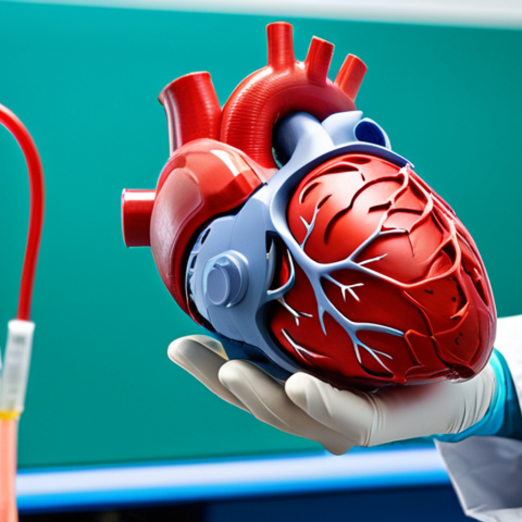 **

A doctor is examining a 3D printed artificial heart in a lab. The lab is modern and well-equipped. The doctor is wearing appropriate medical attire, fully clothed. Focus on the intricate details of the 3D printed heart and the advanced technology surrounding it. Safe for work, appropriate content, professional, perfect anatomy, natural proportions.

**
