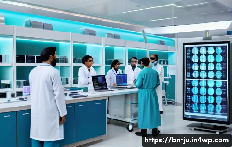 인공장기와 환자 맞춤형 치료의 통합 - A detailed futuristic medical laboratory scene showing advanced genetic testing in progress: a diver...