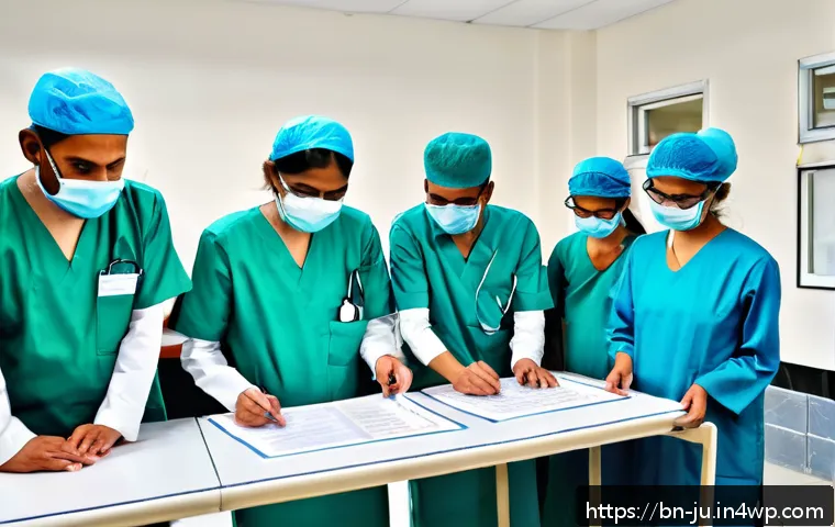 인공장기 사용에 따른 법적 이슈 - A professional healthcare setting in Bangladesh showing a diverse group of medical staff carefully i...