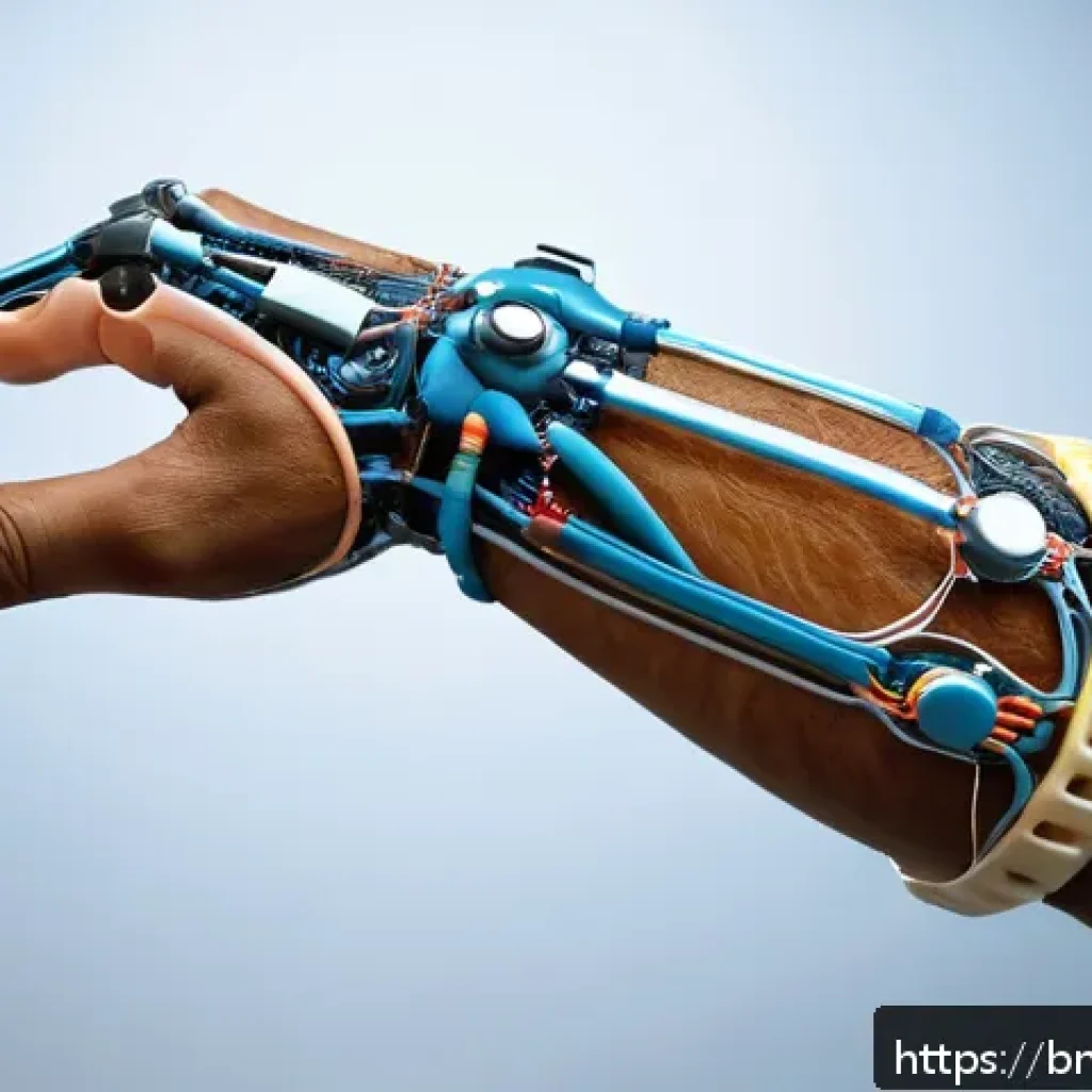 인공장기와 치료 효과 비교 연구 - A detailed close-up of a modern prosthetic arm made from advanced biomaterials like silicone and pol...