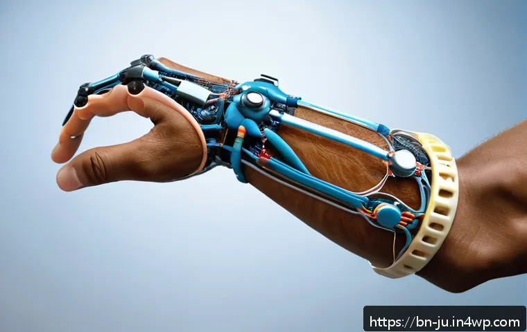 인공장기와 치료 효과 비교 연구 - A detailed close-up of a modern prosthetic arm made from advanced biomaterials like silicone and pol...