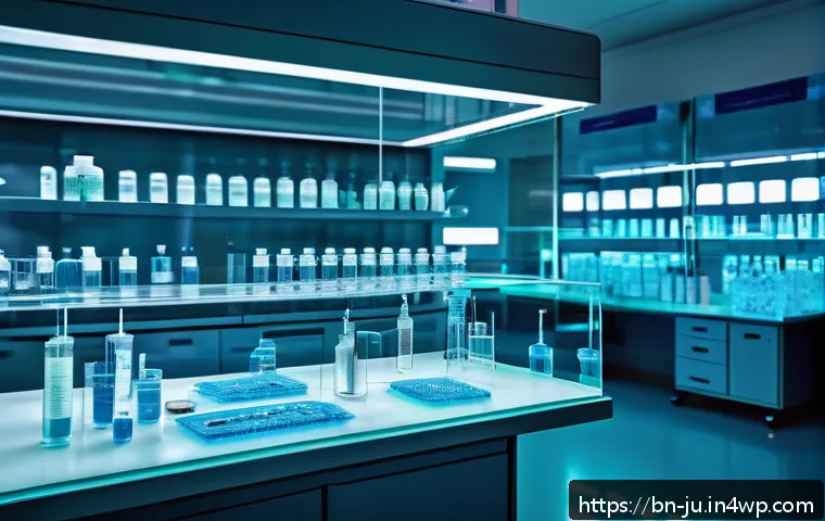 인공장기 임상 시험 사례 분석 - A futuristic clinical laboratory scene showcasing orthopedic injectable organs in transparent syring...