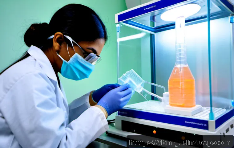 Home 17 3D 프린팅을 이용한 인공장기 제작 방법 - Photorealistic biomedical laboratory scene showing a scientist in clean protective coat, gloves, saf...